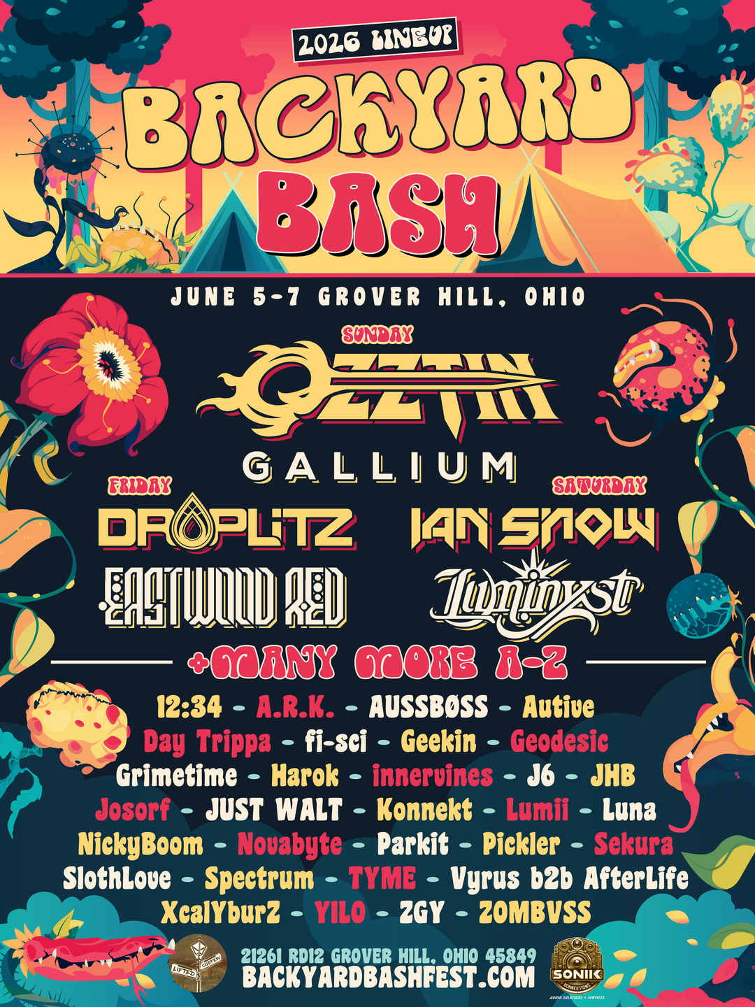 Backyard Bash 2026 lineup poster · June 5–7, Grover Hill, Ohio